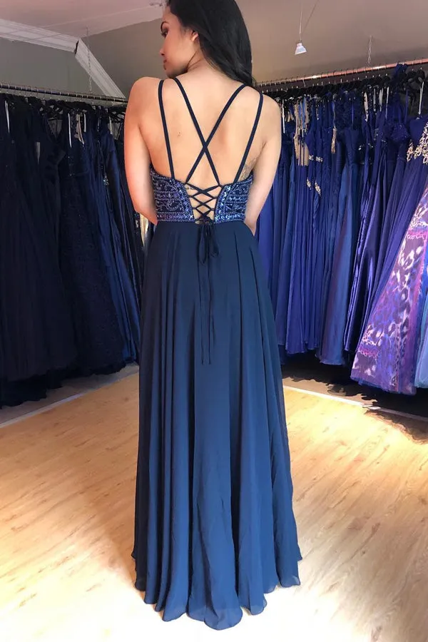 A-Line V-Neck Lace Up Navy Blue Chiffon Long Prom Dress with Beading LR25