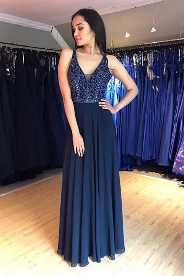 A-Line V-Neck Lace Up Navy Blue Chiffon Long Prom Dress with Beading LR25