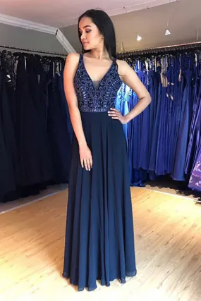 A-Line V-Neck Lace Up Navy Blue Chiffon Long Prom Dress with Beading LR25