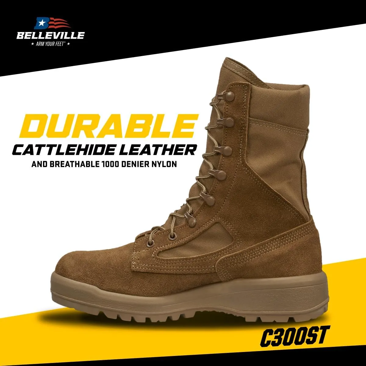 Belleville C300 ST 8 Inch Army OCP ACU Hot Weather Steel Toe Combat Boots For Men - Coyote Brown Cattlehide Leather Boots Safety Rated For Electrical Hazards (EH)