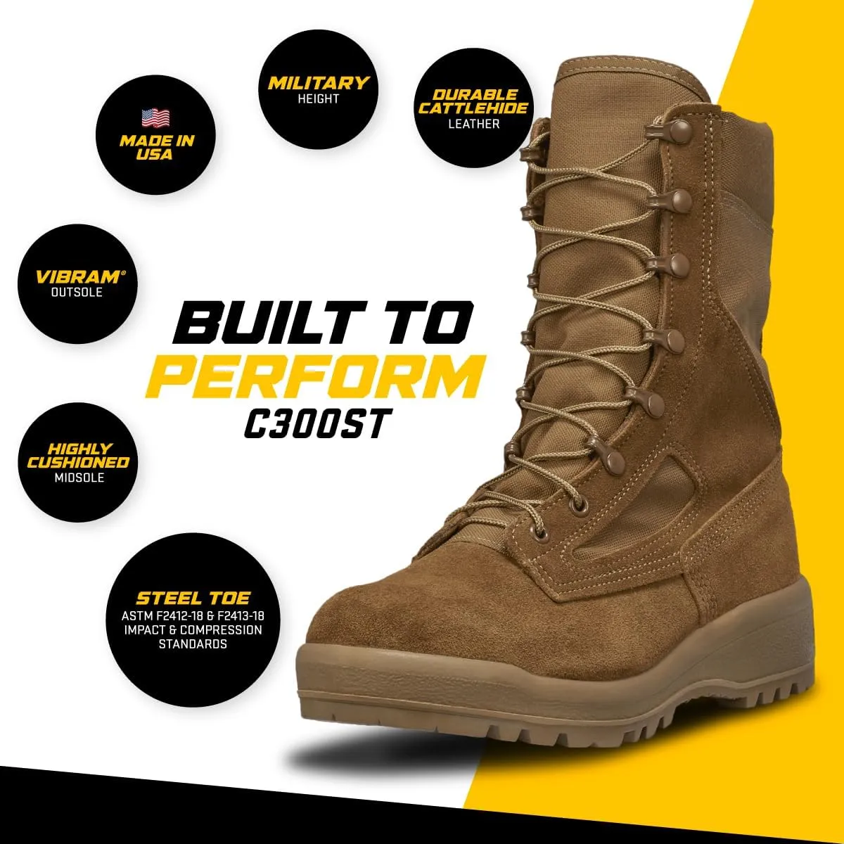 Belleville C300 ST 8 Inch Army OCP ACU Hot Weather Steel Toe Combat Boots For Men - Coyote Brown Cattlehide Leather Boots Safety Rated For Electrical Hazards (EH)