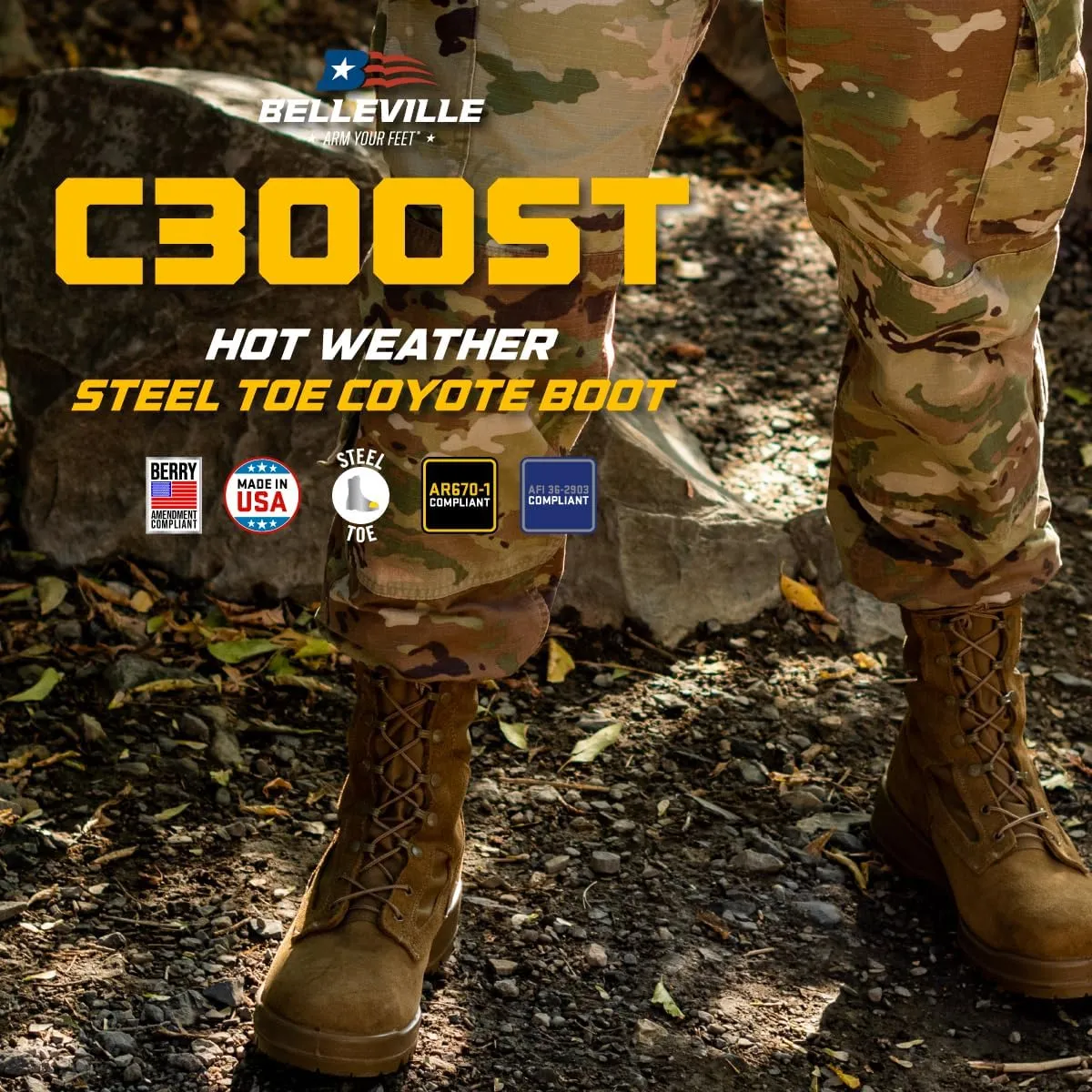 Belleville C300 ST 8 Inch Army OCP ACU Hot Weather Steel Toe Combat Boots For Men - Coyote Brown Cattlehide Leather Boots Safety Rated For Electrical Hazards (EH)