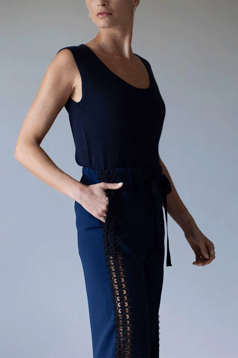 Drawstring Crepe Pant with Lace Sides