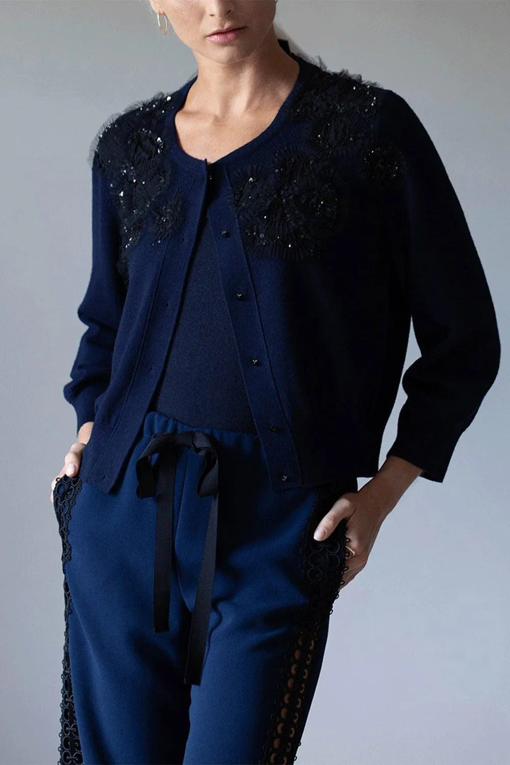 Drawstring Crepe Pant with Lace Sides