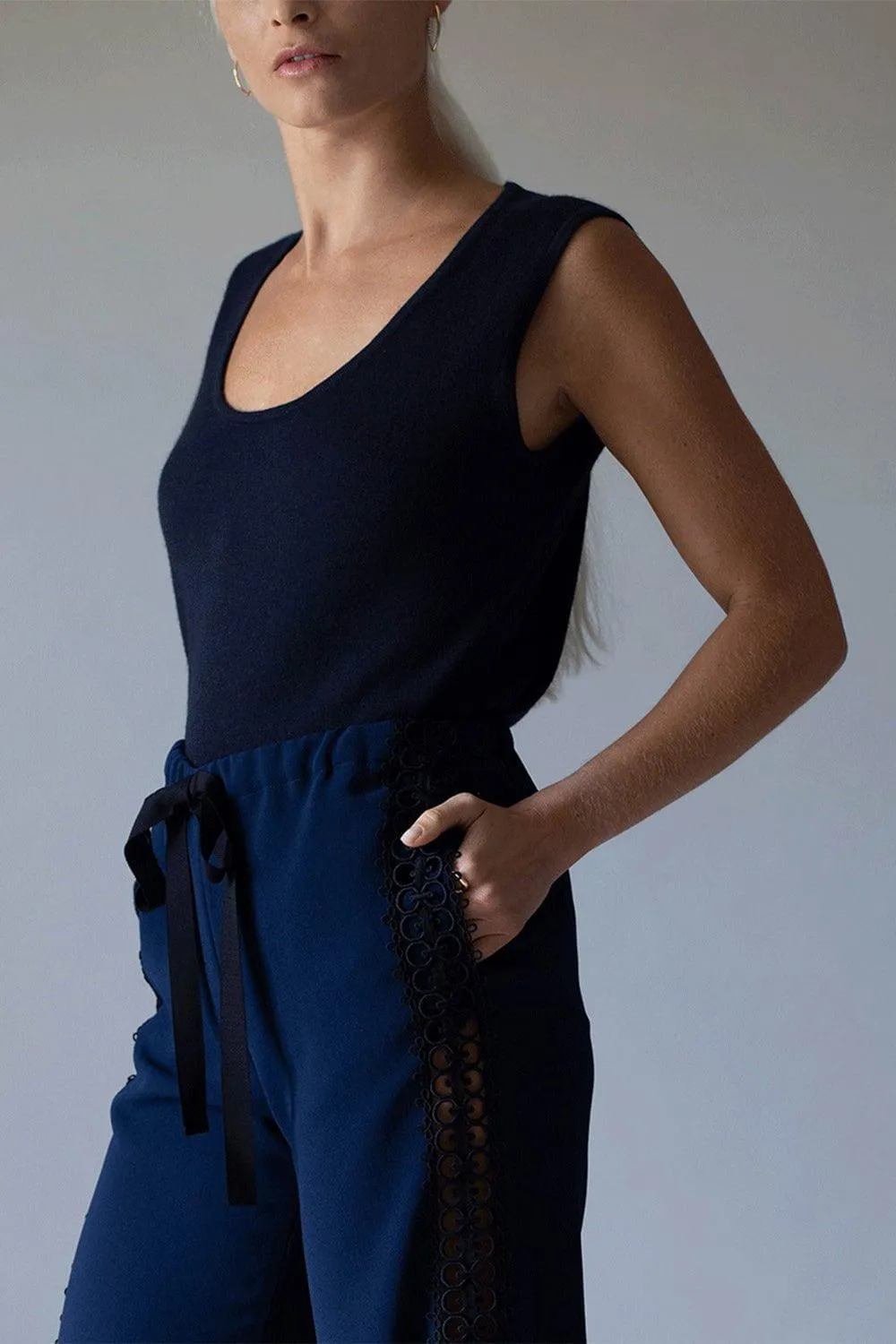 Drawstring Crepe Pant with Lace Sides