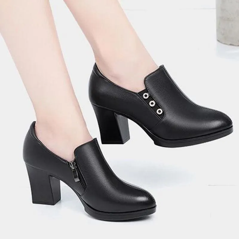 Elegant Plunge Cut British Style Genuine Leather High Heels