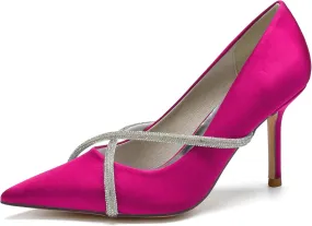 FufoneUS Bridal Shoes Stilettos 3 Inch Slip on Formal Dress Shoes for Ladies Wedding Party Evening Work,Rose red,12