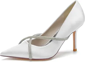 FufoneUS Bridal Shoes Stilettos 3 Inch Slip on Formal Dress Shoes for Ladies Wedding Party Evening Work,White,8