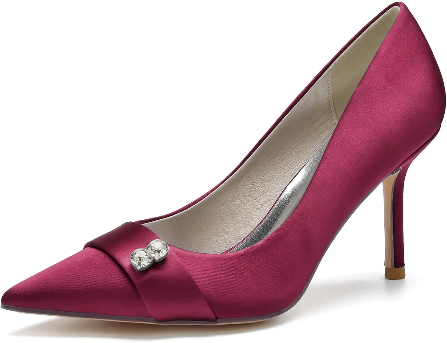 FufoneUS Women's Bridal Shoes Closed Toe 3.35" Stiletto Heel Lace Satin Pumps Evening Wedding Heels,Burgundy,8