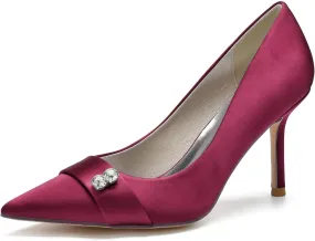FufoneUS Women's Bridal Shoes Closed Toe 3.35" Stiletto Heel Lace Satin Pumps Evening Wedding Heels,Burgundy,8