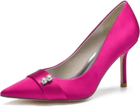 FufoneUS Women's Bridal Shoes Closed Toe 3.35" Stiletto Heel Lace Satin Pumps Evening Wedding Heels,Rose red,6