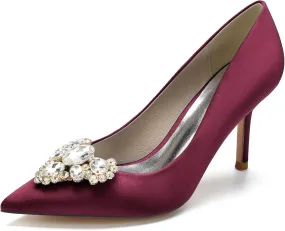 FufoneUS Women's Stiletto High Heel Dress Pumps Pointed Toe Bridal Wedding Evening Prom Shoes with Crystal,Burgundy,5