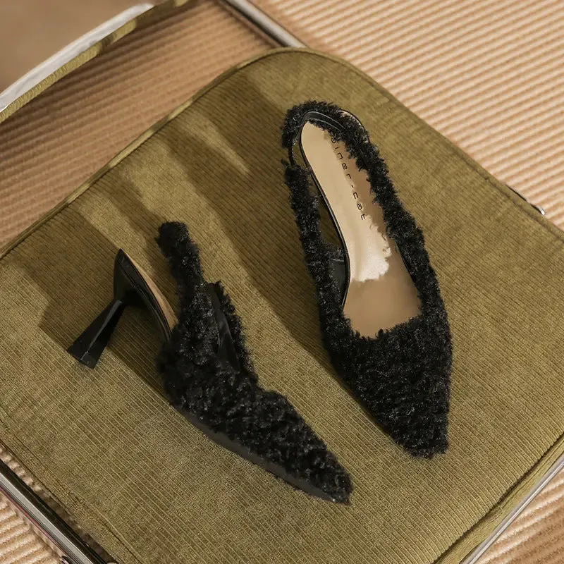 High Heels Hairy High Heels Baotou Back Hollow Fine Heeled High Heeled Single Shoes