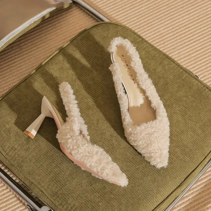 High Heels Hairy High Heels Baotou Back Hollow Fine Heeled High Heeled Single Shoes