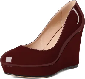 Joseywade Wedge Pumps for Women Platform Heels Round Toe Heels Slip On Wedge High Heels Dress Shoes 4 Inch