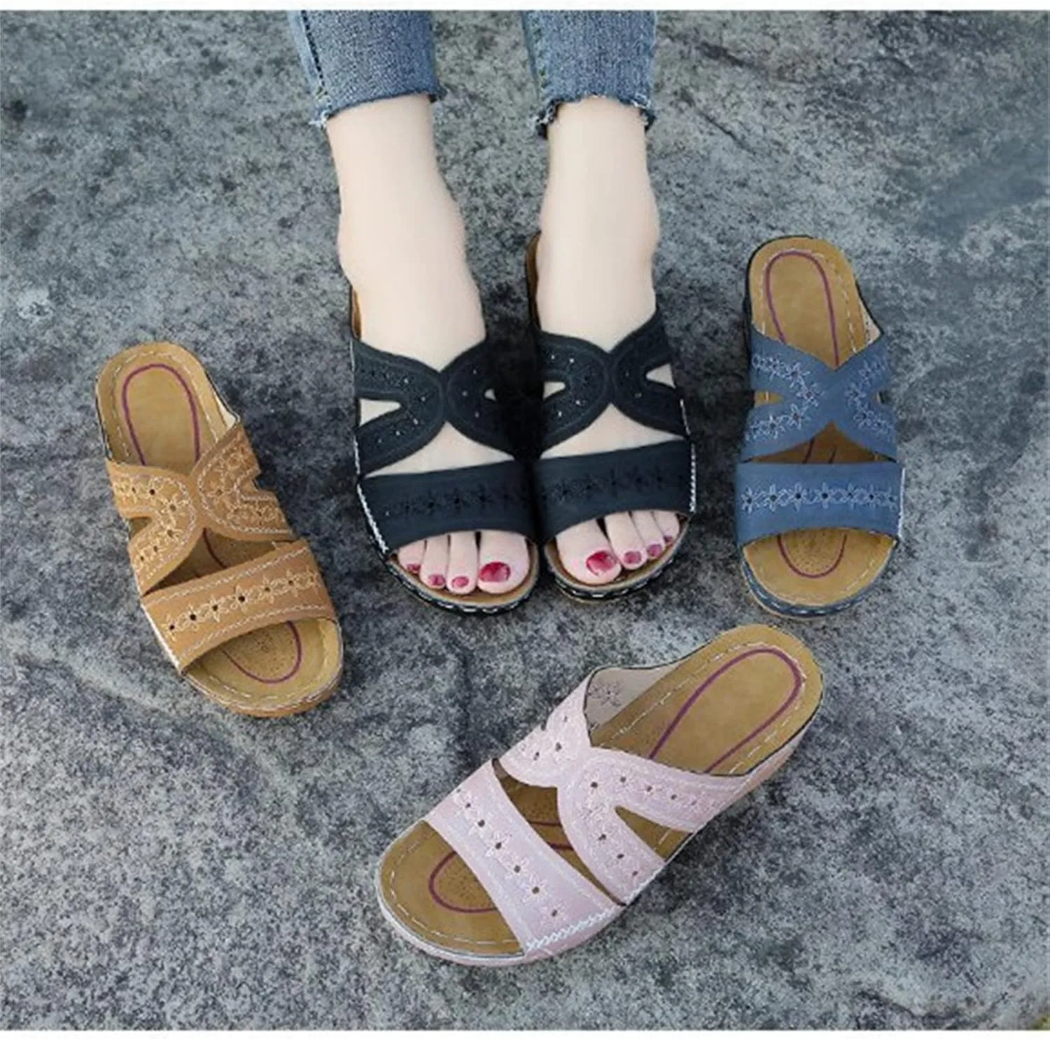 Lausiuoe Orthopedic Dress Sandals For Women Plantar Fasciitis Wedge Heel Slip On Summer Casual Orthotic Slides Flip Flops