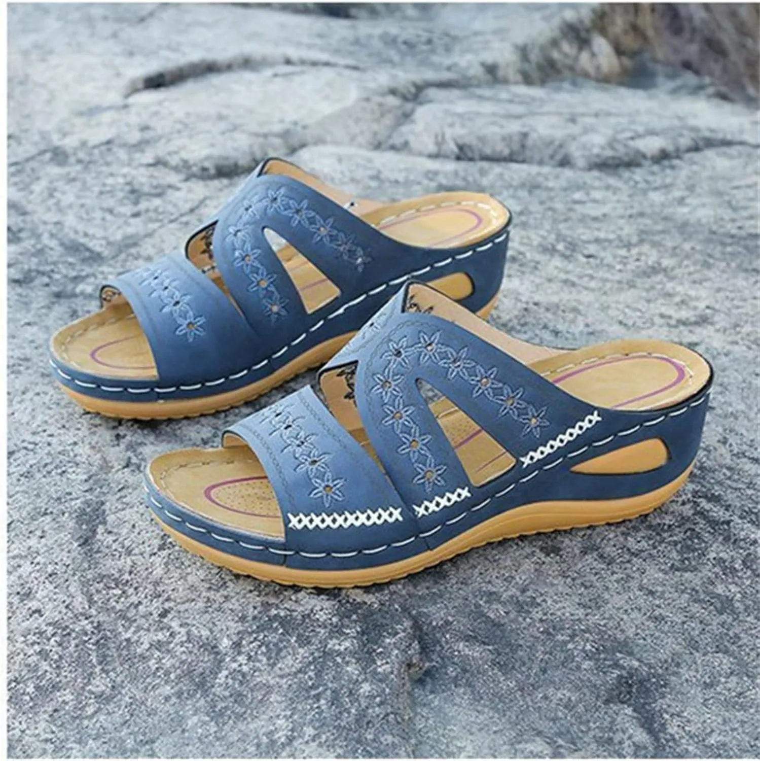 Lausiuoe Orthopedic Dress Sandals For Women Plantar Fasciitis Wedge Heel Slip On Summer Casual Orthotic Slides Flip Flops