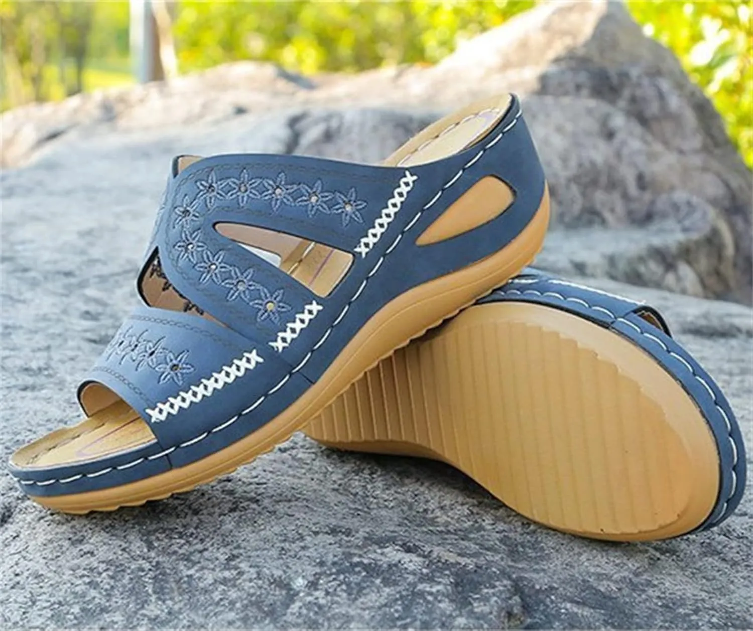 Lausiuoe Orthopedic Dress Sandals For Women Plantar Fasciitis Wedge Heel Slip On Summer Casual Orthotic Slides Flip Flops