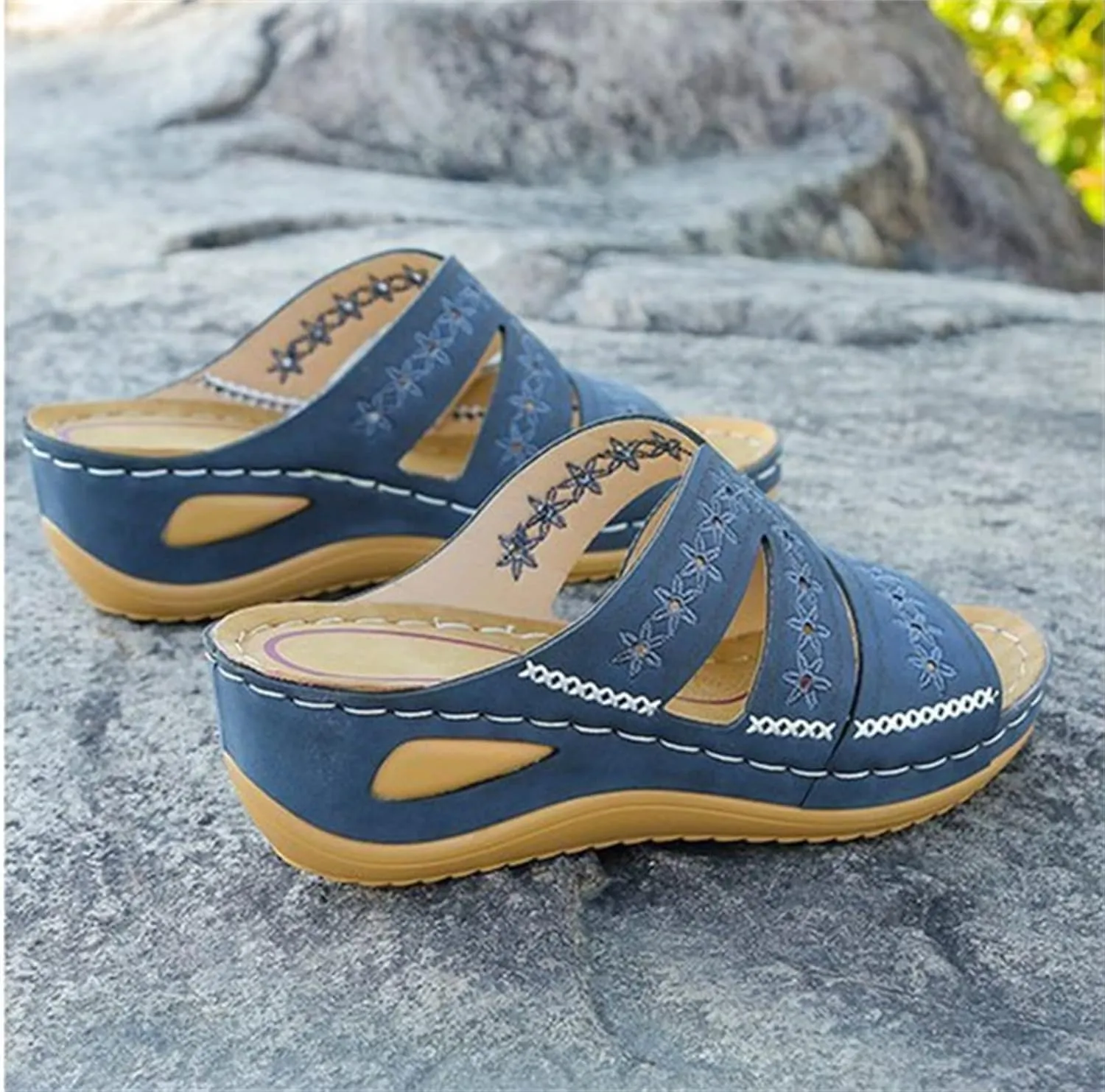 Lausiuoe Orthopedic Dress Sandals For Women Plantar Fasciitis Wedge Heel Slip On Summer Casual Orthotic Slides Flip Flops