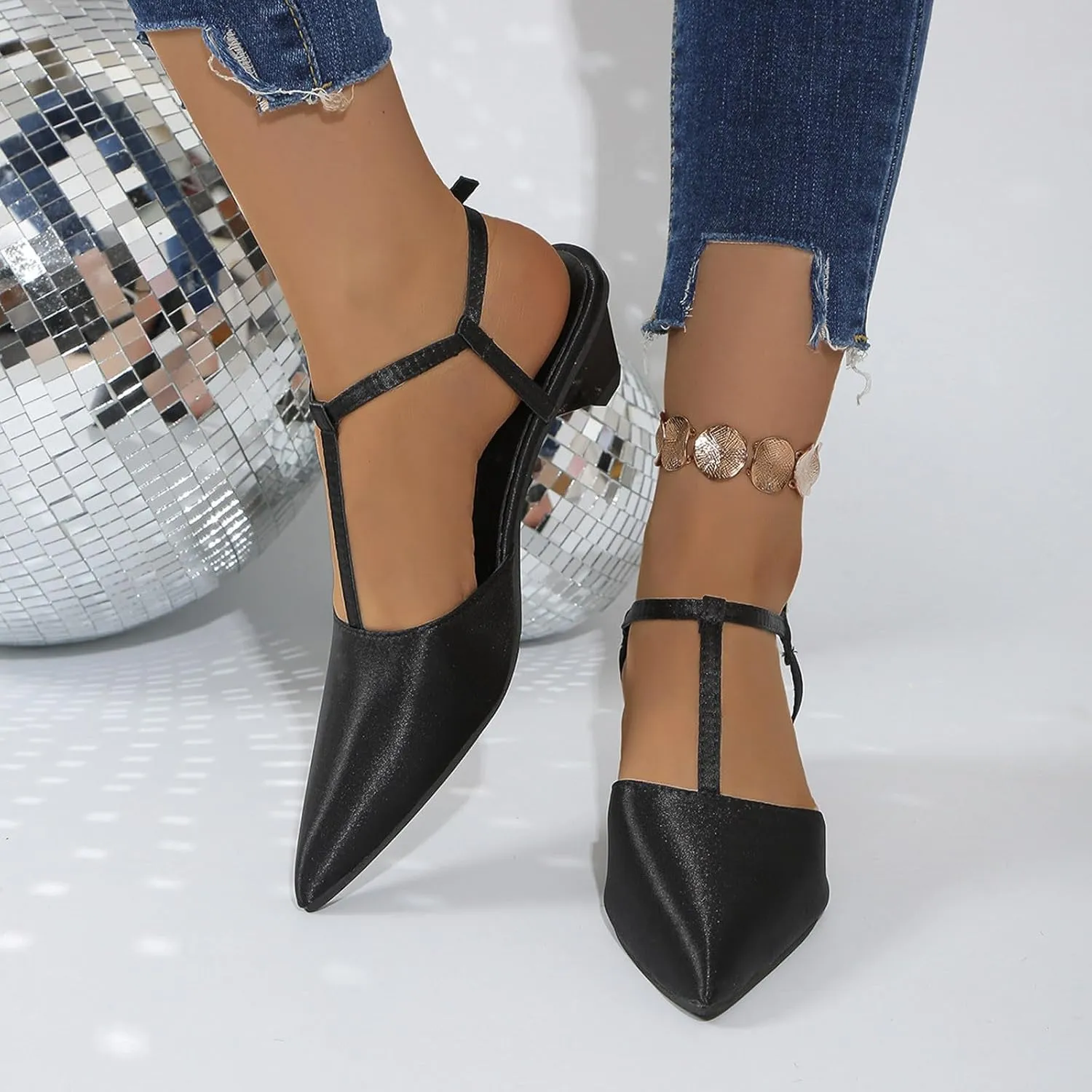 Low Heels for Women Closed Square Toe Heels Slip on Mules Satin Sandals Wedding Party Dance Shoes Casual Summer Pumps