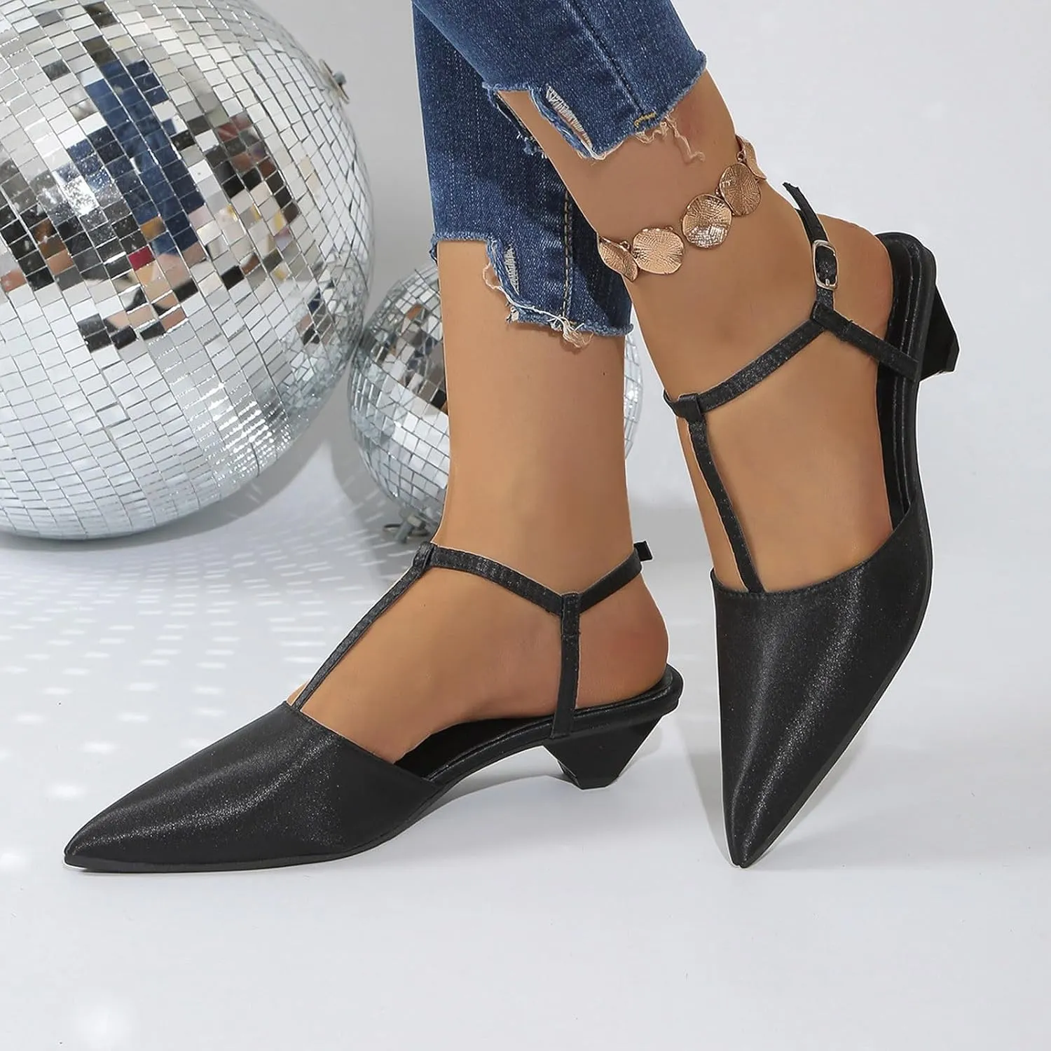 Low Heels for Women Closed Square Toe Heels Slip on Mules Satin Sandals Wedding Party Dance Shoes Casual Summer Pumps