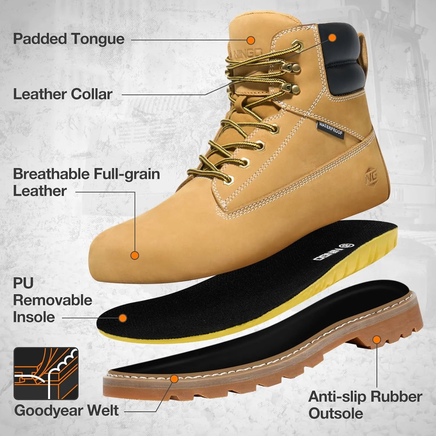 NINGO Steel Toe Work Boots for Men, Waterproof Comfortable Leather Industrial & Construction Boots, Oil & Slip Resistance Safety Shoes with EH Protection, for Outdoor Factories Warehouses Farms