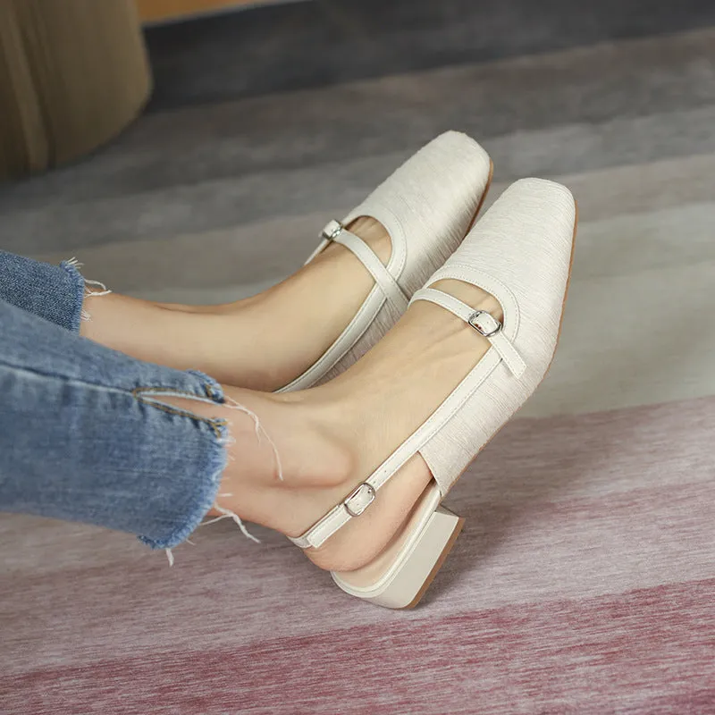 Nude Block Heels Closed Toe Casual Fashionable Spring Leisure Satin