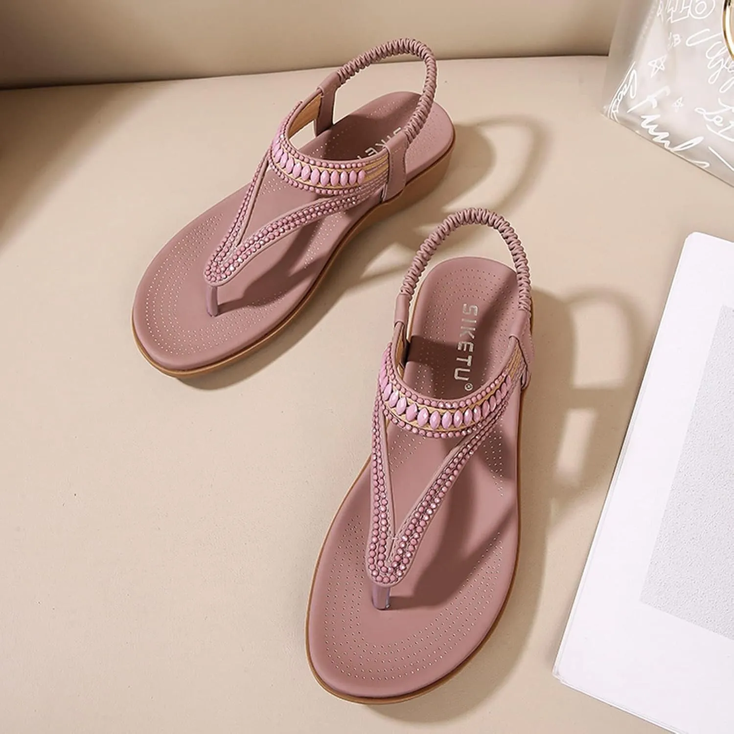 Summer Beach Sandals for Women Arch Support Slingback Rhinestone Dressy Sandal Comfort Sandals Bohemian T-Strap Ladies Casual Comfy Sandal Casual Ankle Elastic Flip Flops Shoes 2025