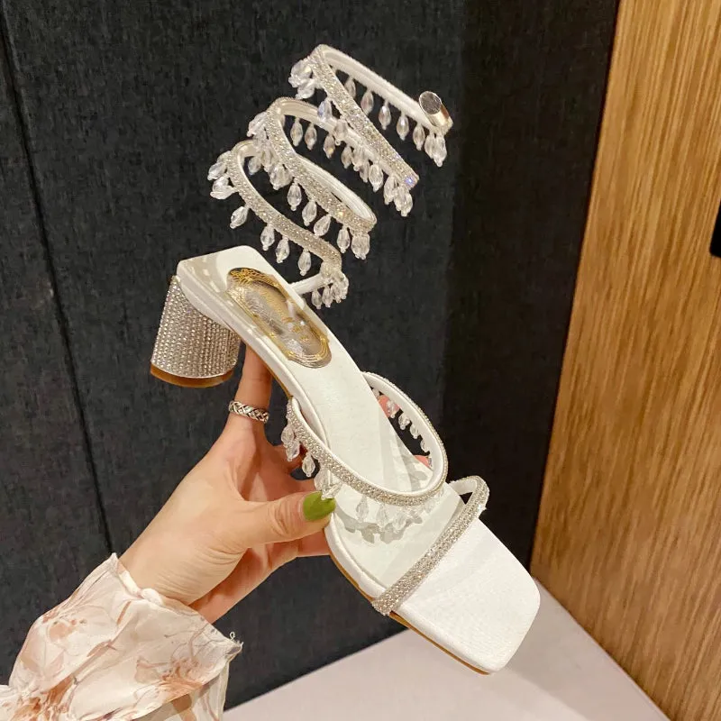 Ultra-Fashionable Rhinestone Butterfly Snake Wrap Sequined Stiletto High Heel Sandals