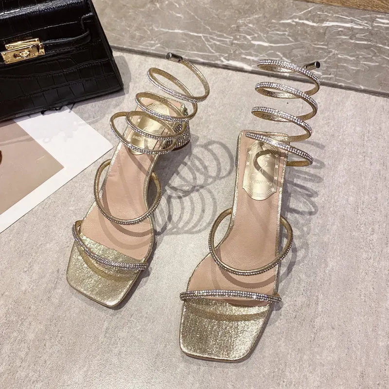 Ultra-Fashionable Rhinestone Butterfly Snake Wrap Sequined Stiletto High Heel Sandals