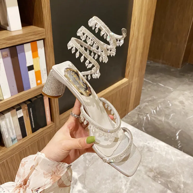 Ultra-Fashionable Rhinestone Butterfly Snake Wrap Sequined Stiletto High Heel Sandals