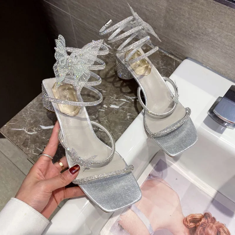 Ultra-Fashionable Rhinestone Butterfly Snake Wrap Sequined Stiletto High Heel Sandals