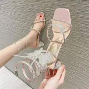 Ultra-Fashionable Rhinestone Butterfly Snake Wrap Sequined Stiletto High Heel Sandals