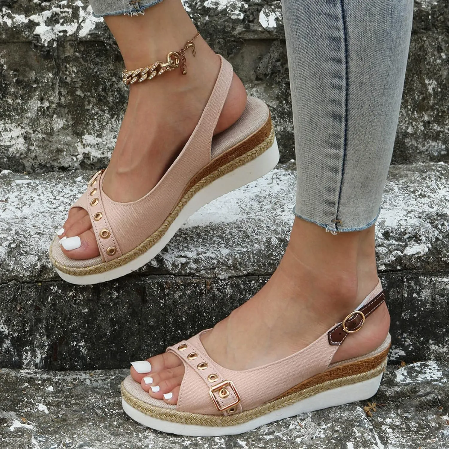 Womens Sandals Dressy Cute Open Toe Buckle Espadrille Sandals For Women Dress Platform Sandal Summer Wedges Heels