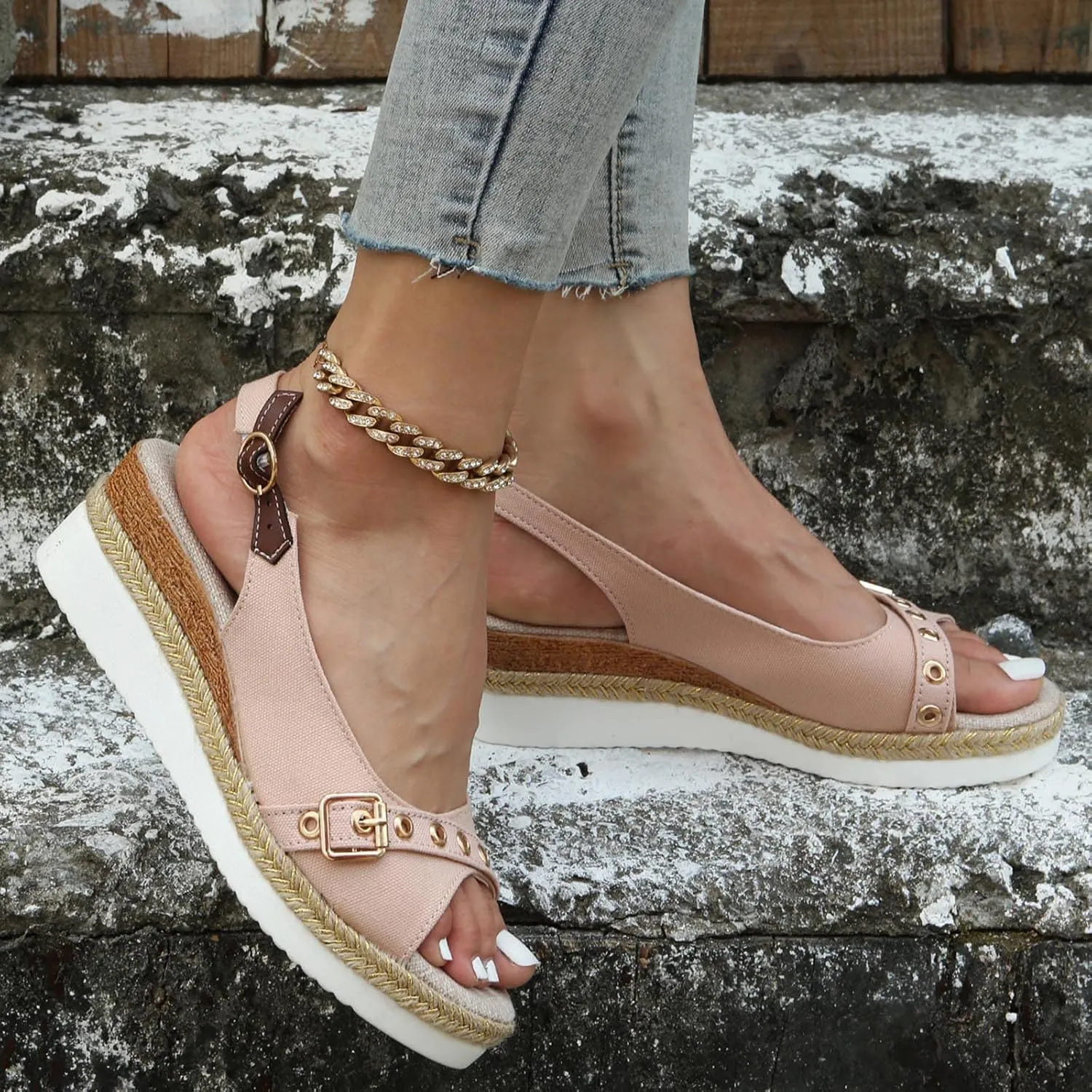 Womens Sandals Dressy Cute Open Toe Buckle Espadrille Sandals For Women Dress Platform Sandal Summer Wedges Heels