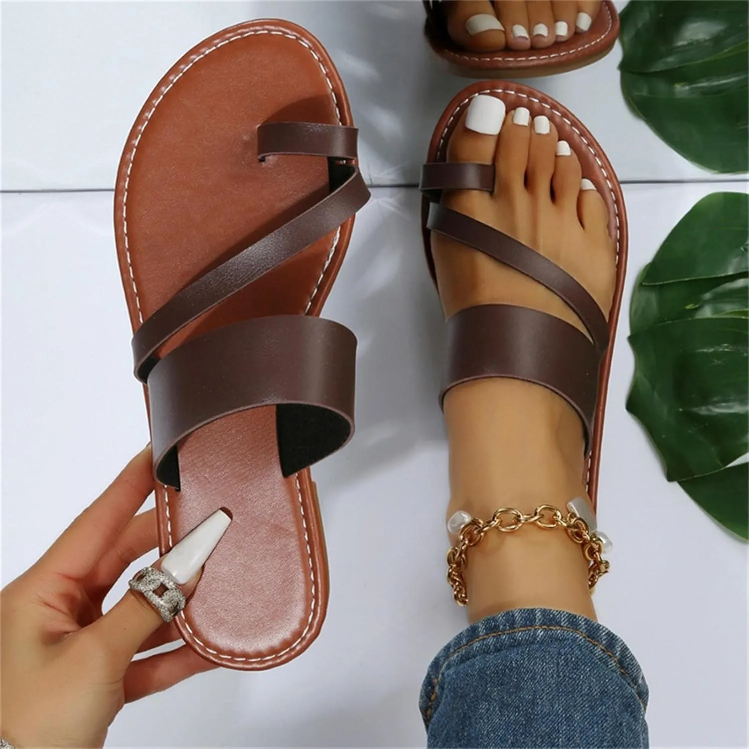 Women's Sandals Open Toe Flat Slides with Arch Support for Walking Comfort Casual Female Flat Slippers Dress Summer Beach Non