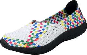 Women's Sidewalk Slip on Flat Elastic Woven Walking Shoes Lightweight Breathable Mesh Walking Sneakers Running Shoes