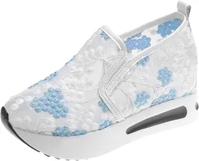 Womens Summer Walking Shoes Paltform Wedge Athletic Tennis Shoes Embroidery Floral Mesh Breathable Sneakers Lightweight Non Slip Casual Comfort Fashion Sneakers