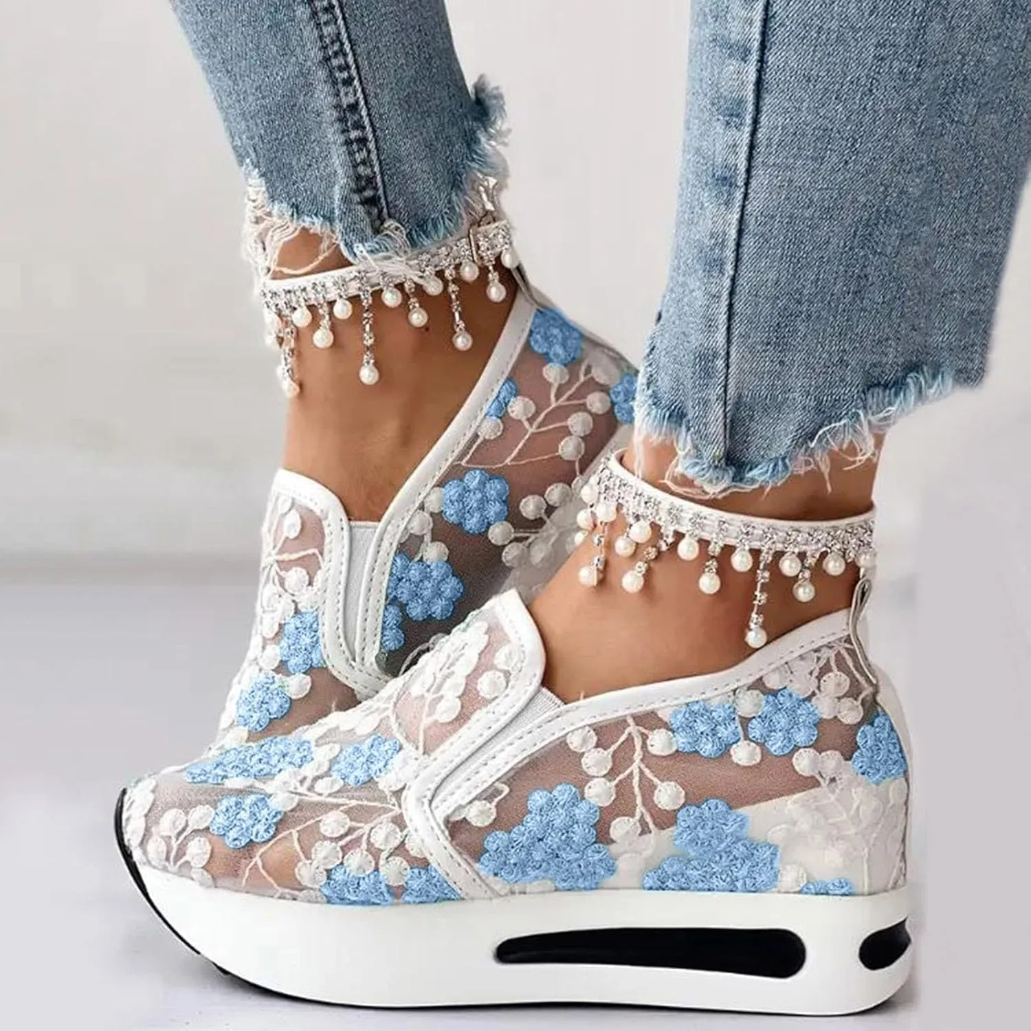 Womens Summer Walking Shoes Paltform Wedge Athletic Tennis Shoes Embroidery Floral Mesh Breathable Sneakers Lightweight Non Slip Casual Comfort Fashion Sneakers