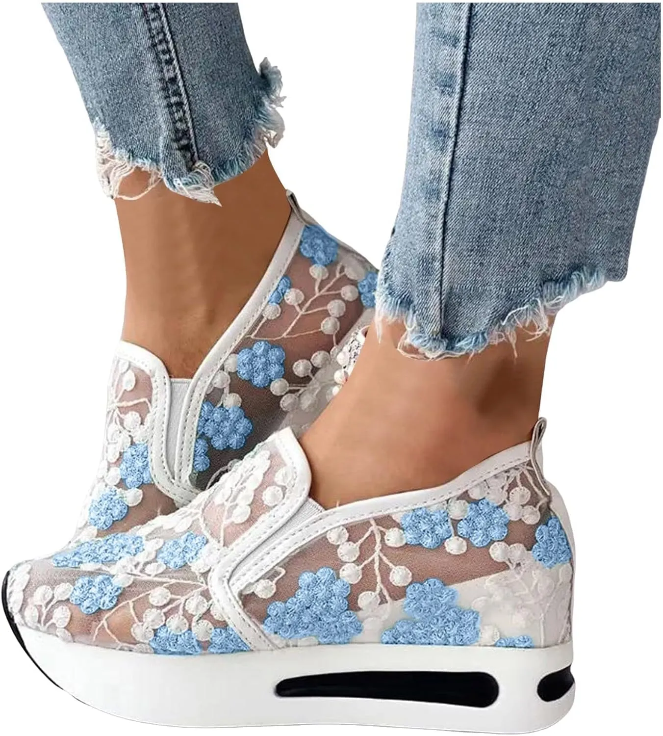 Womens Summer Walking Shoes Paltform Wedge Athletic Tennis Shoes Embroidery Floral Mesh Breathable Sneakers Lightweight Non Slip Casual Comfort Fashion Sneakers