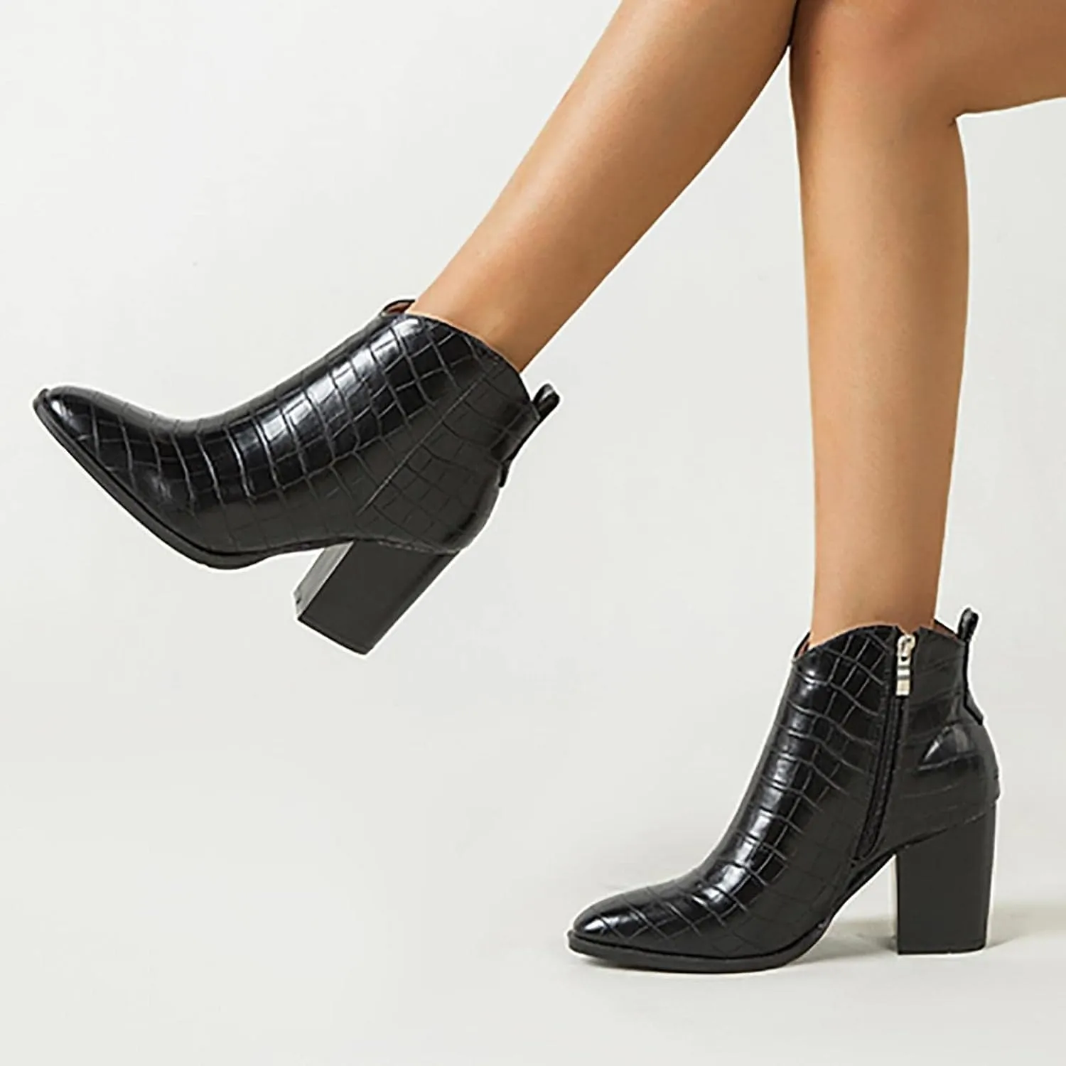 ZBYY Women's Pointed Toe Ankle Boots Comfort Slip on Mid Chunky Heeled Side Zipper Chelsea Fashion Dress Short Booties