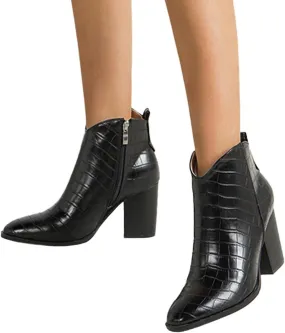 ZBYY Women's Pointed Toe Ankle Boots Comfort Slip on Mid Chunky Heeled Side Zipper Chelsea Fashion Dress Short Booties