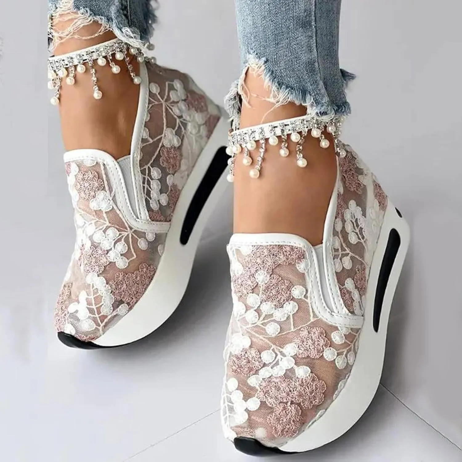 ZWRXW Platform Sneakers for Women Mesh Up Non-Slip Platform Shoes Chunky Lightweight Comfortable Casual Walking Shoe Fashion Bride Wedding Shoes