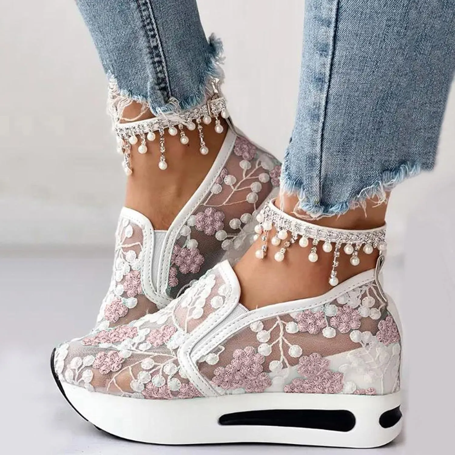 ZWRXW Platform Sneakers for Women Mesh Up Non-Slip Platform Shoes Chunky Lightweight Comfortable Casual Walking Shoe Fashion Bride Wedding Shoes