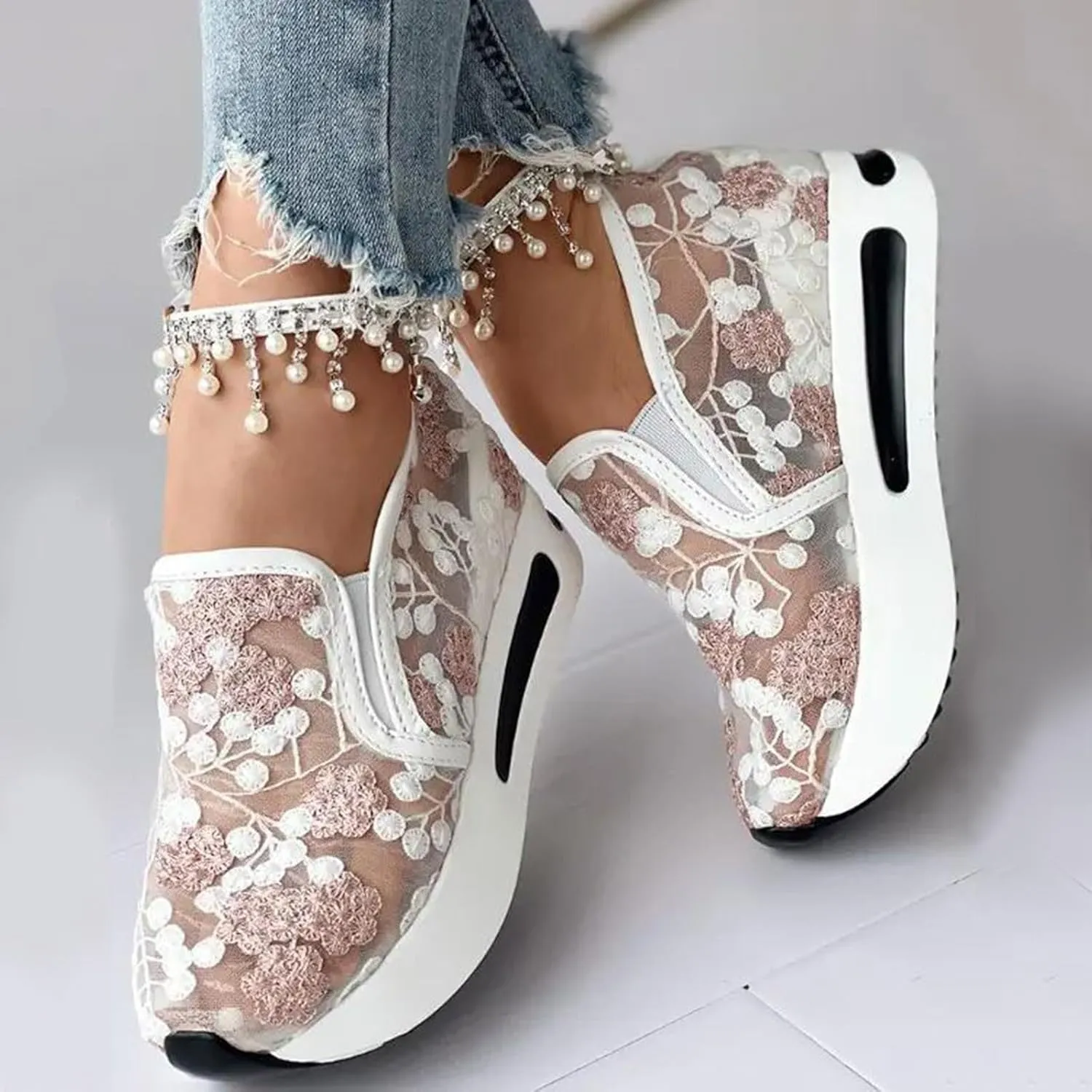 ZWRXW Platform Sneakers for Women Mesh Up Non-Slip Platform Shoes Chunky Lightweight Comfortable Casual Walking Shoe Fashion Bride Wedding Shoes