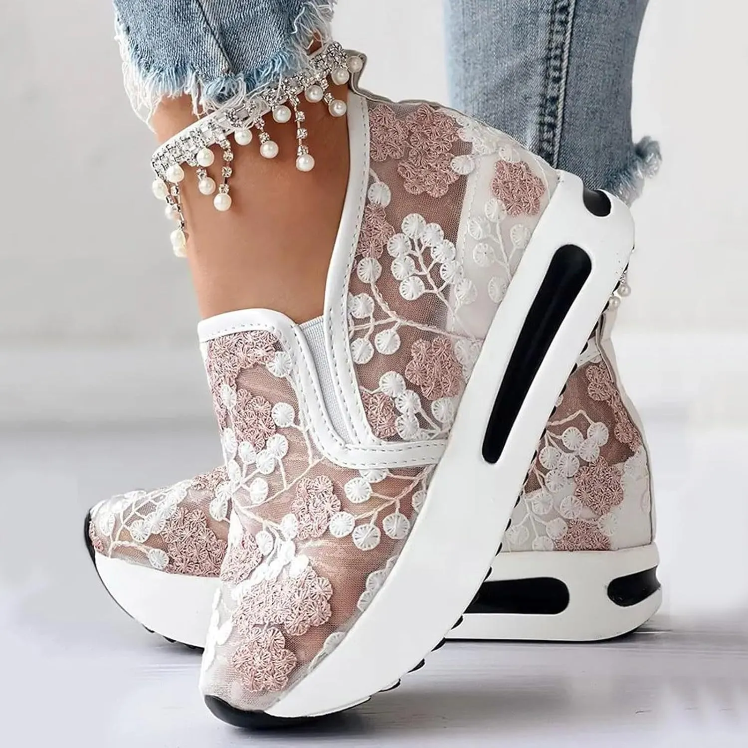 ZWRXW Platform Sneakers for Women Mesh Up Non-Slip Platform Shoes Chunky Lightweight Comfortable Casual Walking Shoe Fashion Bride Wedding Shoes
